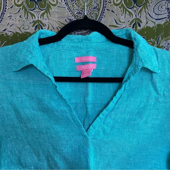 NWOT Isaac Mizrahi New York Teal Coastal Linen Top Size Small - Picture 2 of 11